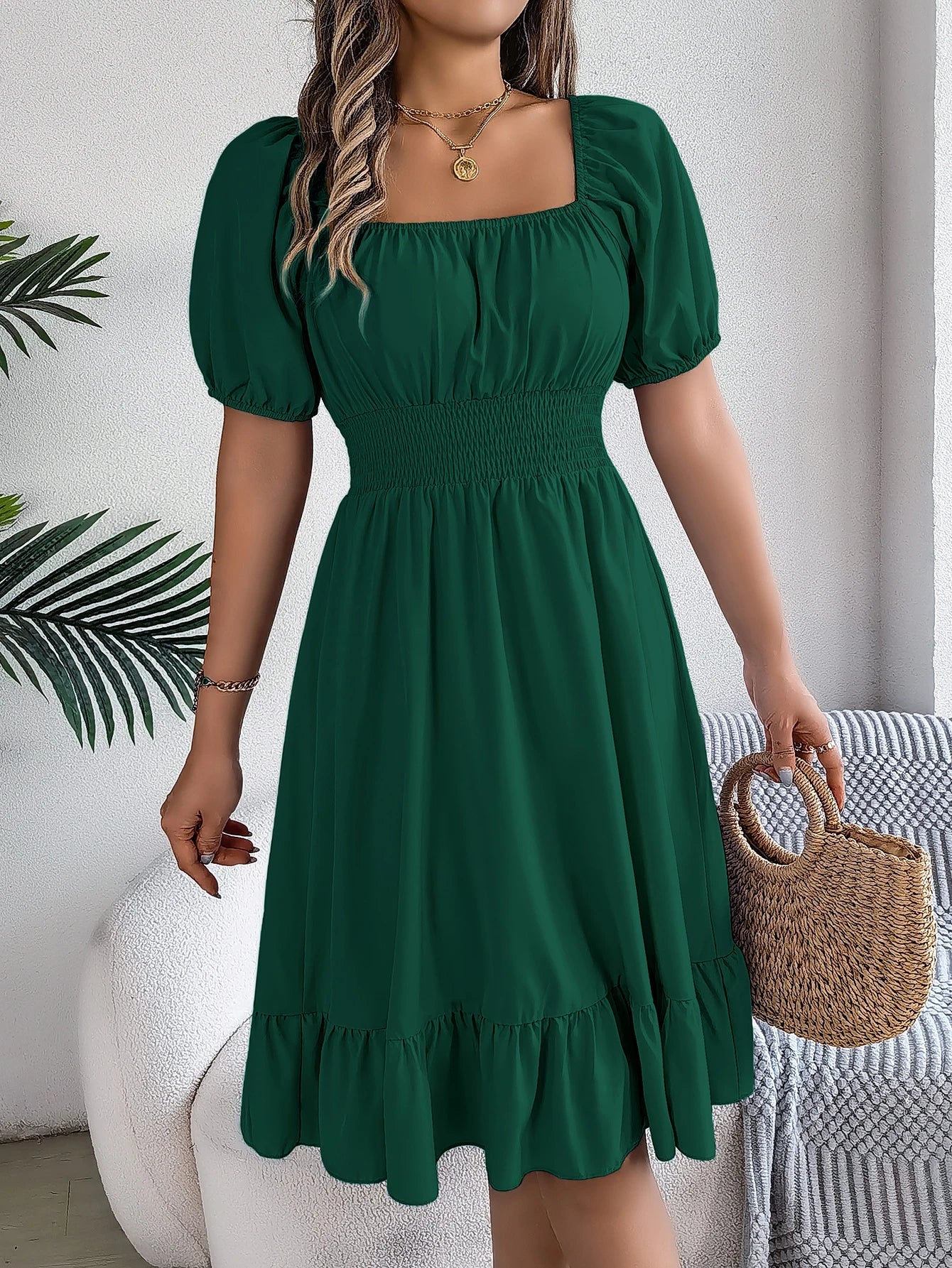 Women's Solid Puff Sleeve Square Neck Dress™ Ruched Bust Ruffle Hem Waist Dress,