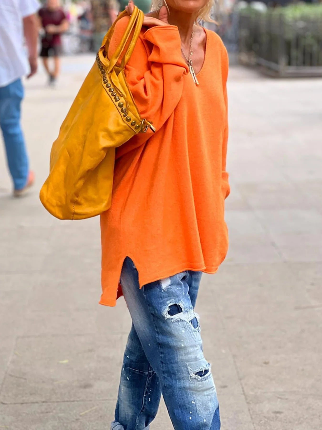 Women's Dipped Hem Sweater™ V Neck Knit Long Sleeve Oversized Loose Sweater