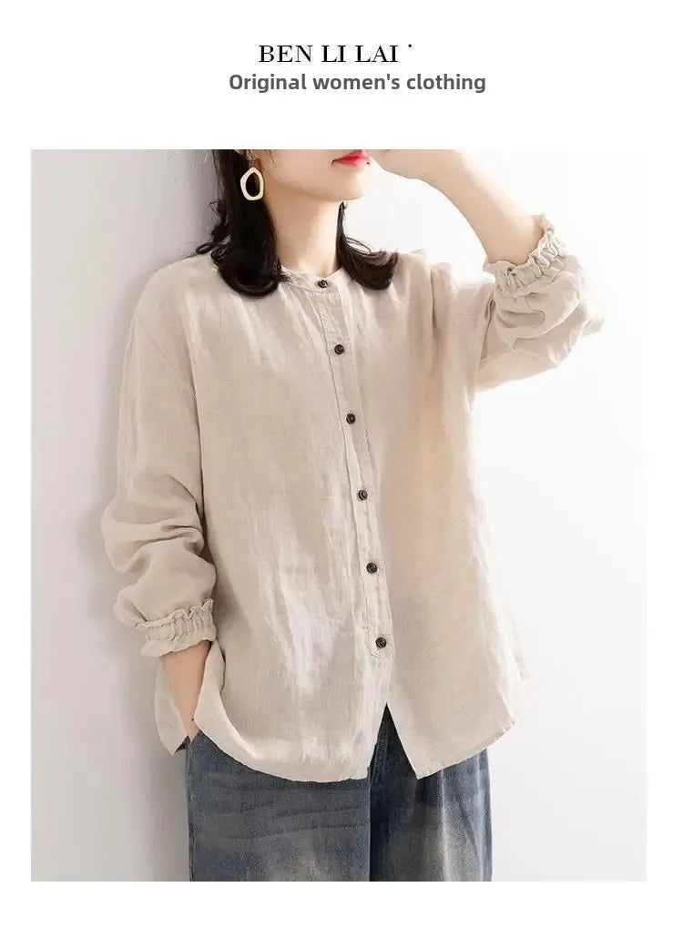 Women's Cotton Linen Shirts™ Loose Fit Round Neck Plus Lantern Sleeve Shirt