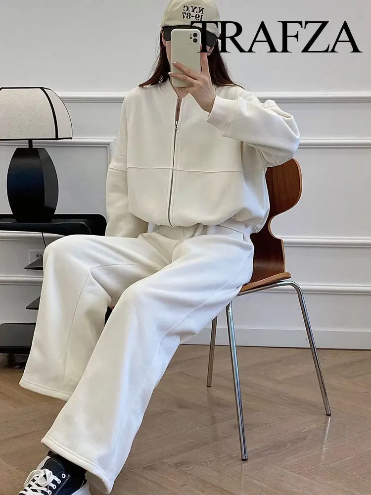 TRAFZA Women's Suits™ Retro Zip Bomber Jacket Sweatshirt and High Waist Lace Up Wide Leg Pants