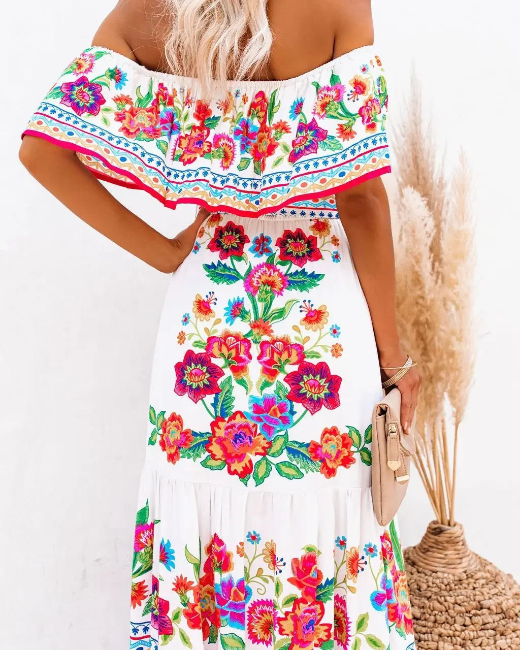Women's Spring Summer Dresses™ Stand Off-shoulder Red Flower Printing Long Oversized Wide Hemline Sleeveless Dress