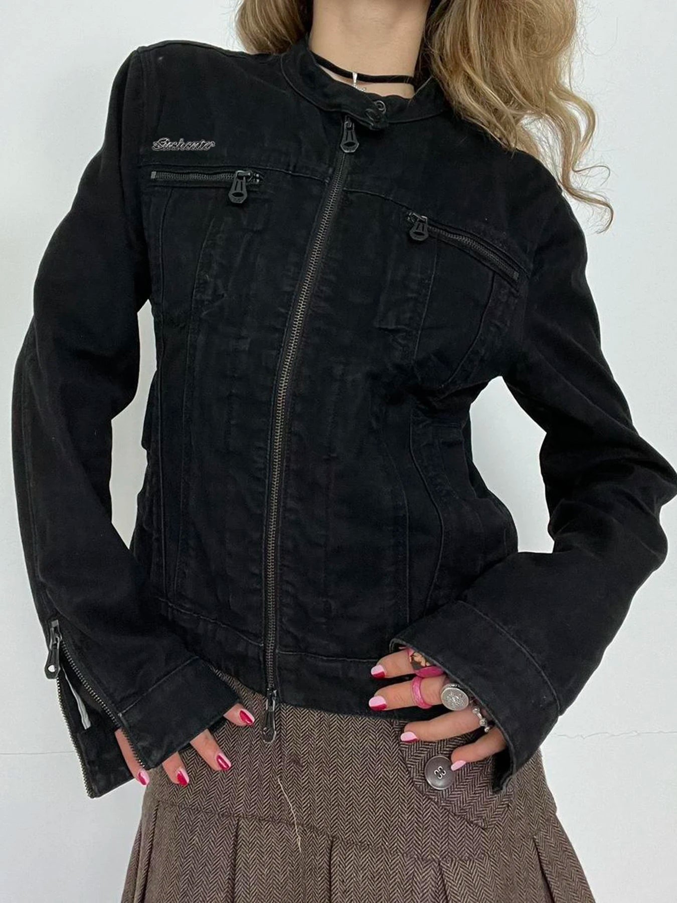 Rockmore Women's Double Zipper Denim Jackets™ Harajuku Cargo Style Casual Vintage Long Sleeve Jacket