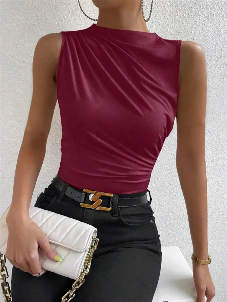 Women's Casual Mock Neck Tank Tops™ Solid Color Slim Fit Pleated Sleeveless T Shirt