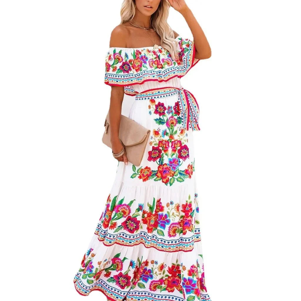 Women's Spring Summer Dresses™ Stand Off-shoulder Red Flower Printing Long Oversized Wide Hemline Sleeveless Dress