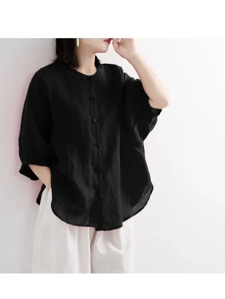 Women's Cotton Linen Shirts™ Loose Fit Round Neck Plus Lantern Sleeve Shirt