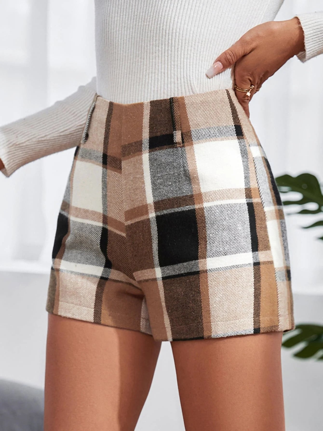 Women's retro color collision plaid high waist shorts™ loose large size wide leg  thin pants