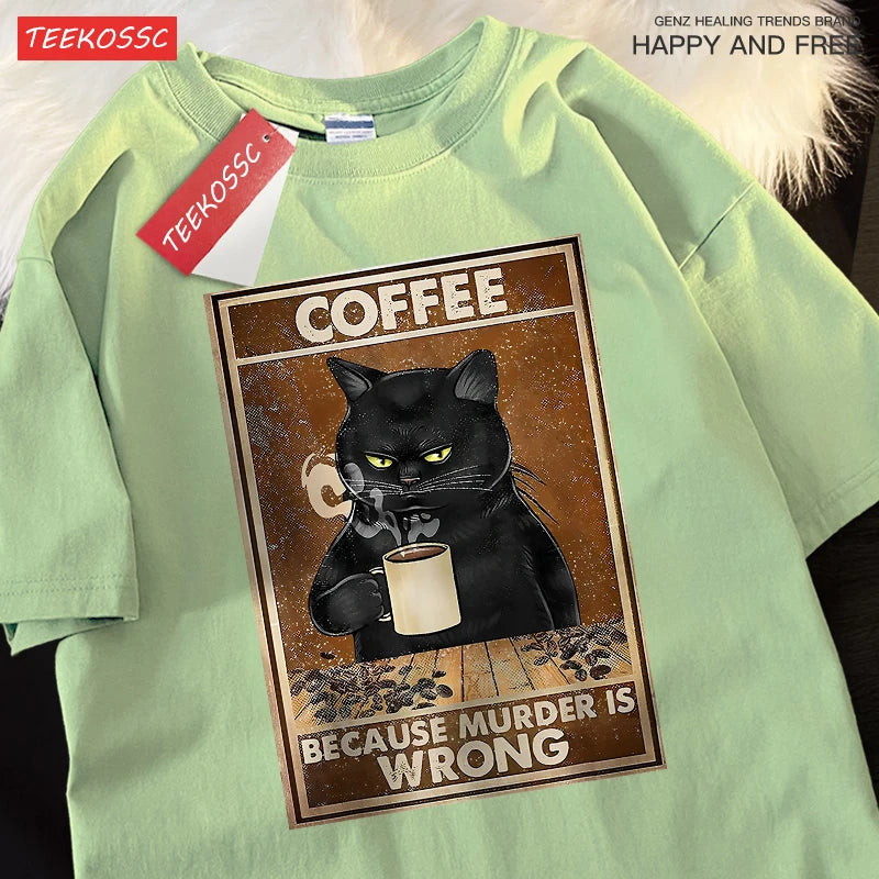 Men & Women Oversized T Shirts™ Black Cat Drink Coffee Cotton Streetwear T-Shirt