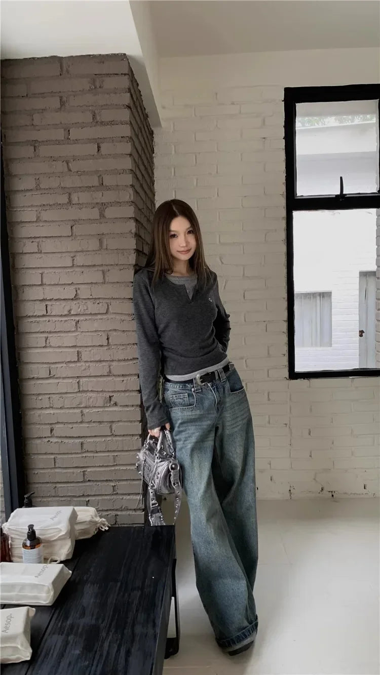 Women's T-Shirt™ Long Sleeves Korean Fashion Style O-neck Fake two items T-shirt
