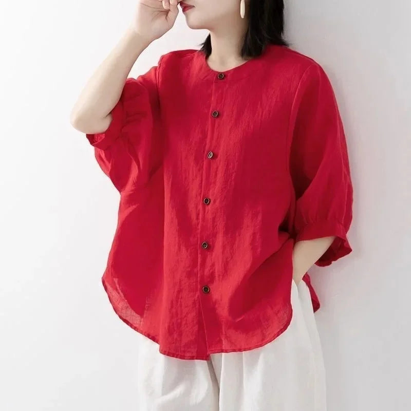 Women's Cotton Linen Shirts™ Loose Fit Round Neck Plus Lantern Sleeve Shirt