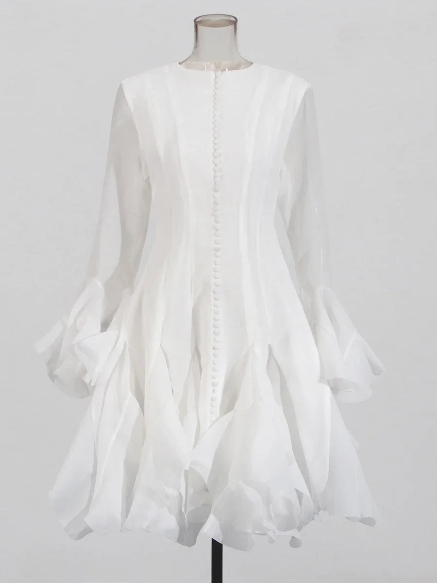 Women's Dress™ VGH Sweet Ruffles Elegant Knee Length Round Neck Flare Sleeve High Waist Spliced Button Dress