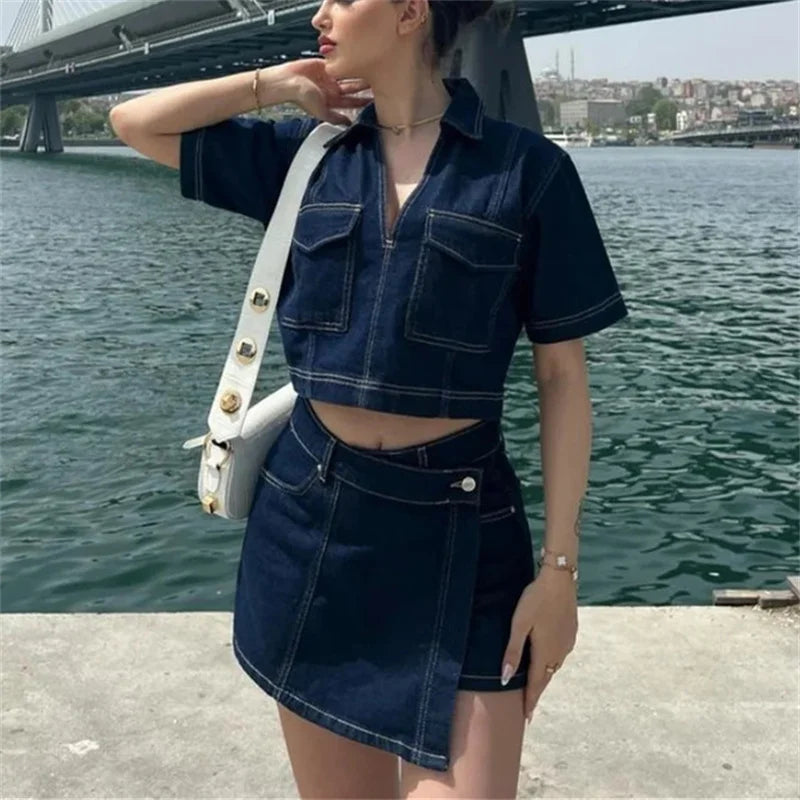 Women's TRAF Blue Denim Suit™ Short Sleeve Cropped Shirt & Short Y2k Set