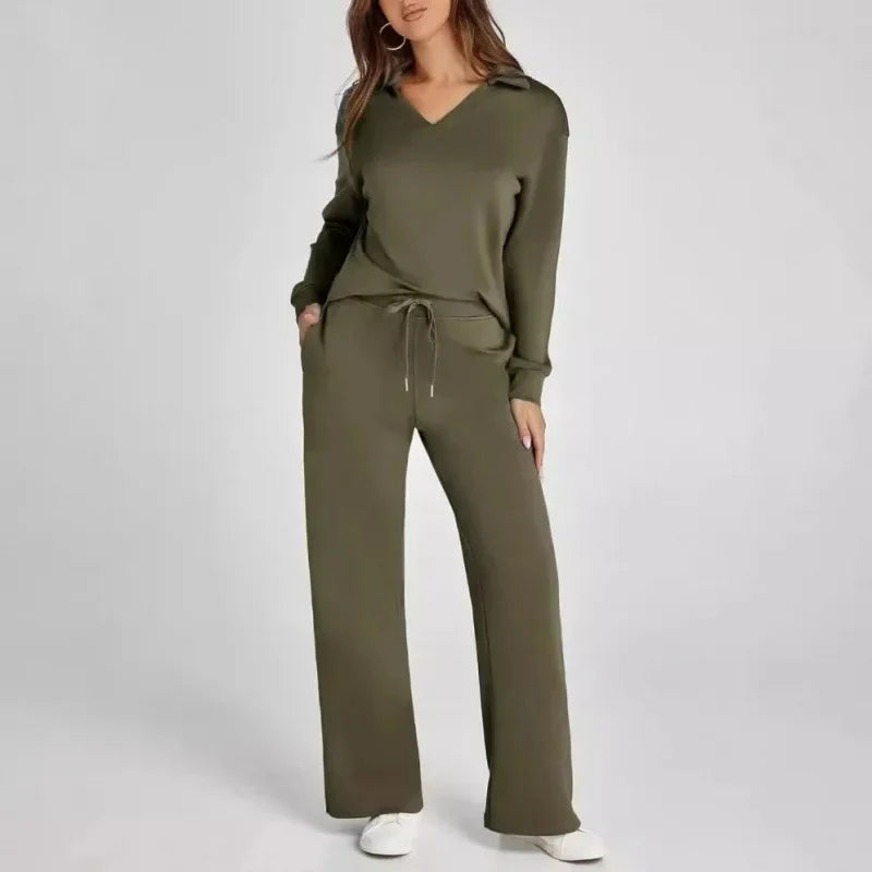 Women's 2 Piece Set™ Loose Long Sleeve V-Neck Top with Drawstring Elastic Waist Bell BottomsSet