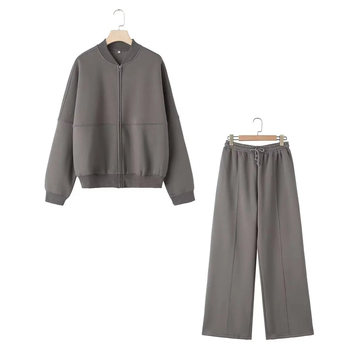 TRAFZA Women's Suits™ Retro Zip Bomber Jacket Sweatshirt and High Waist Lace Up Wide Leg Pants