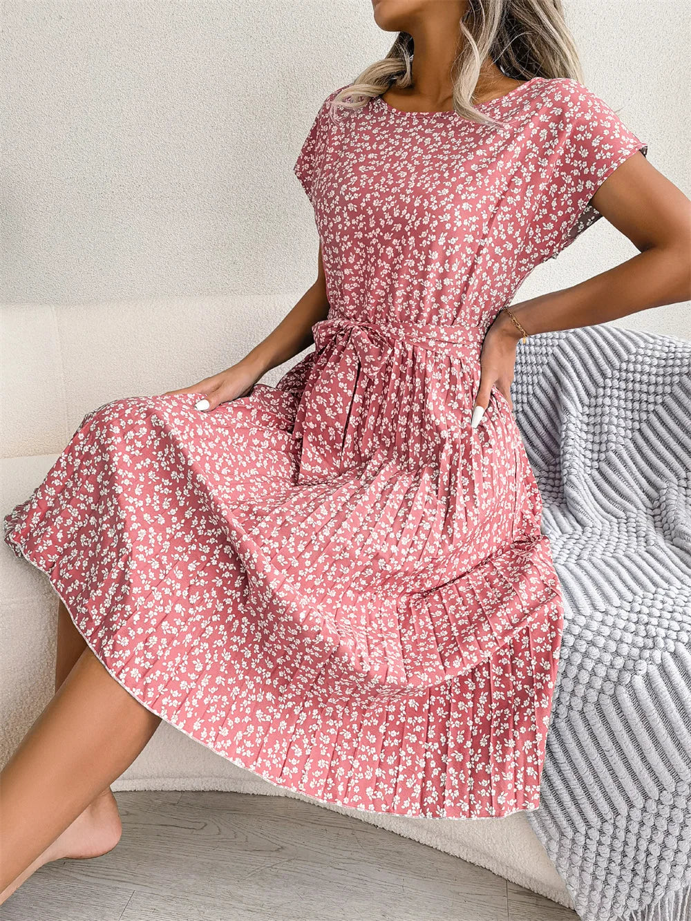 Women Dresses™ Spring Summer Short Sleeve High Waist Floral Pleated A Line Long Dress