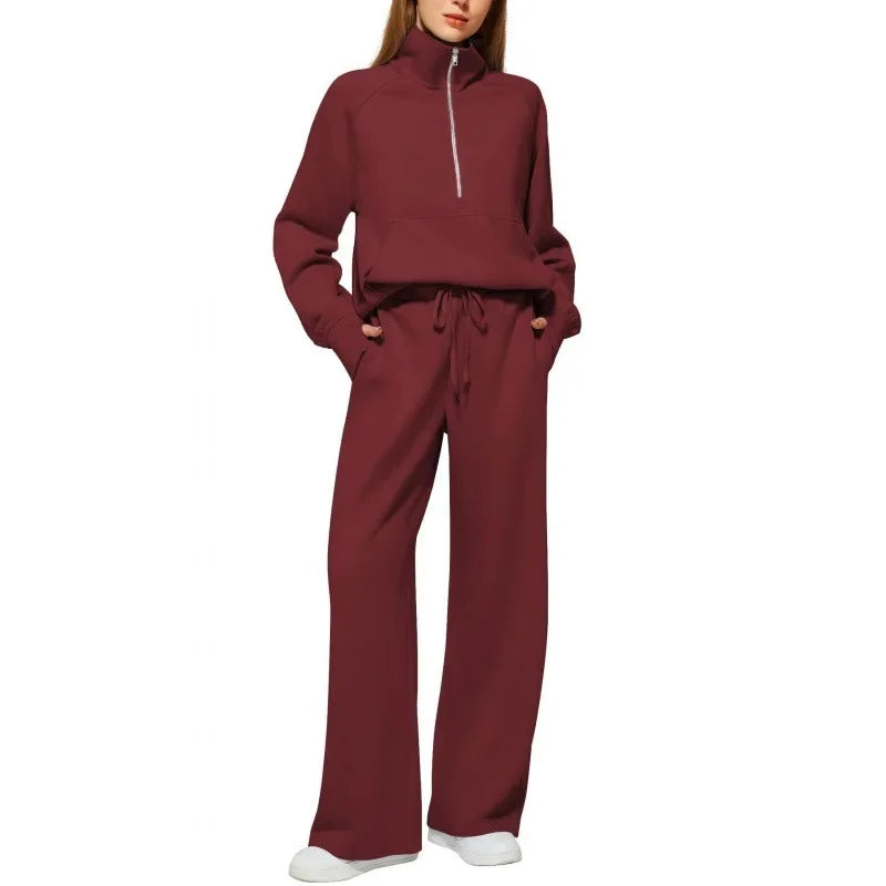 Women's European Style 2-Piece Set™ Zip Up Polo Shirt Wide Leg Sweatpants Casual Suit