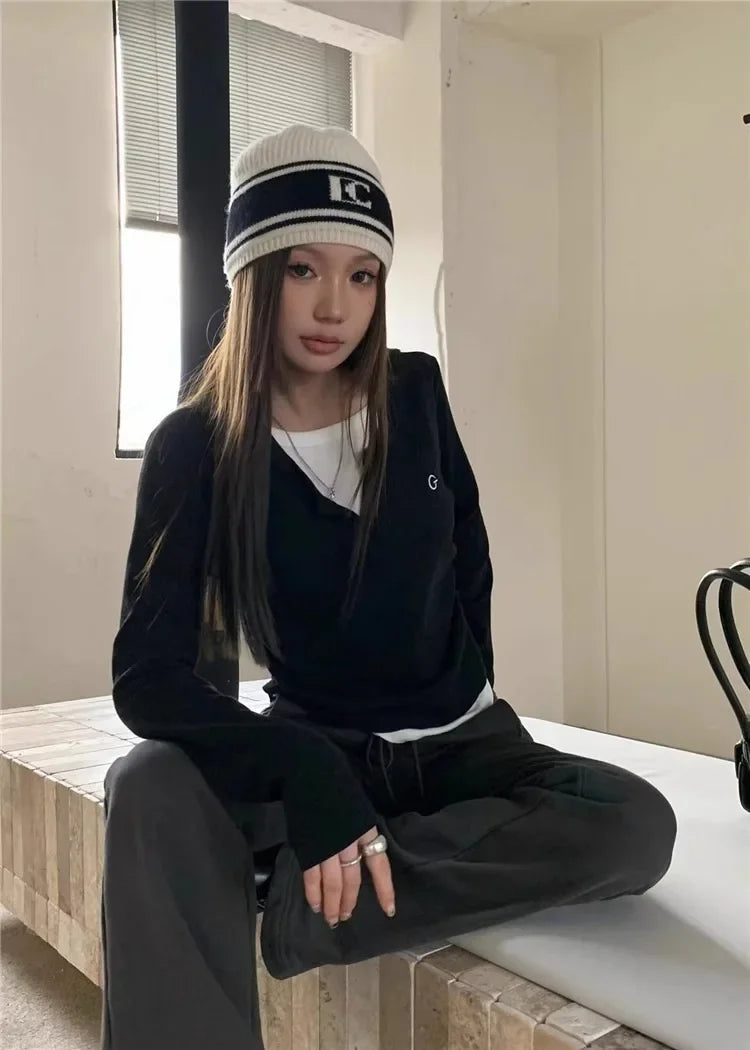 Women's T-Shirt™ Long Sleeves Korean Fashion Style O-neck Fake two items T-shirt