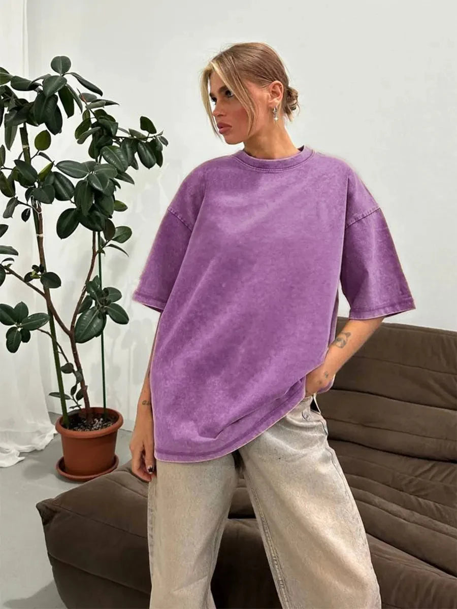 Women's Cotton Washed T-shirt™ O-Neck Oversized Solid Short Sleeve Tops