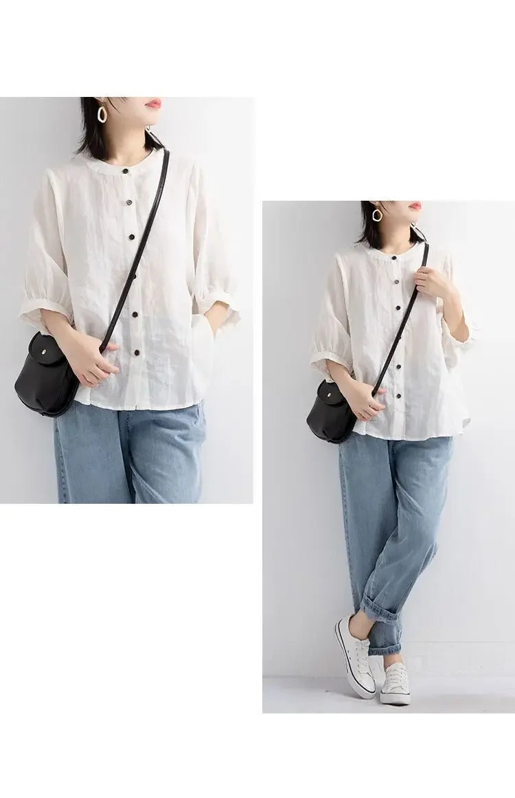 Women's Cotton Linen Shirts™ Loose Fit Round Neck Plus Lantern Sleeve Shirt
