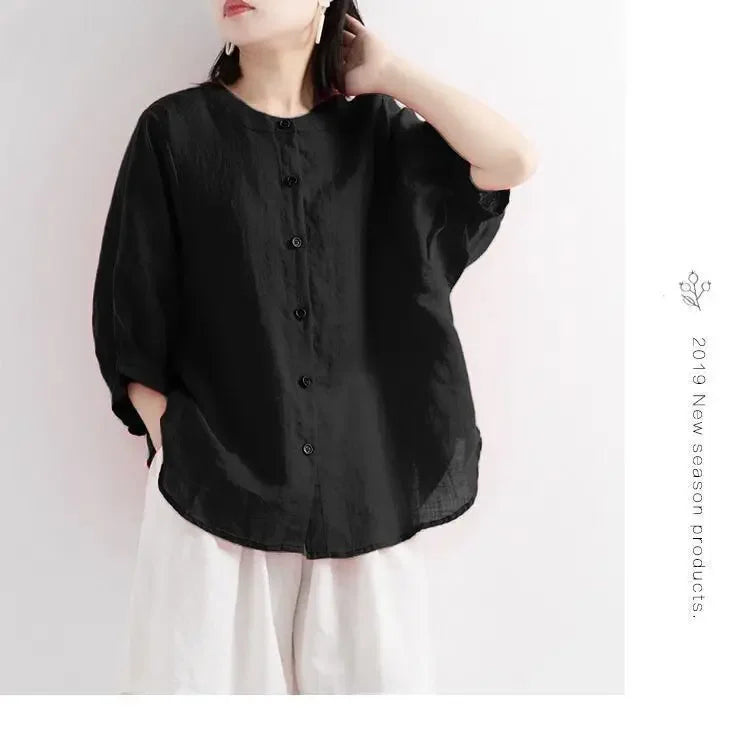 Women's Cotton Linen Shirts™ Loose Fit Round Neck Plus Lantern Sleeve Shirt