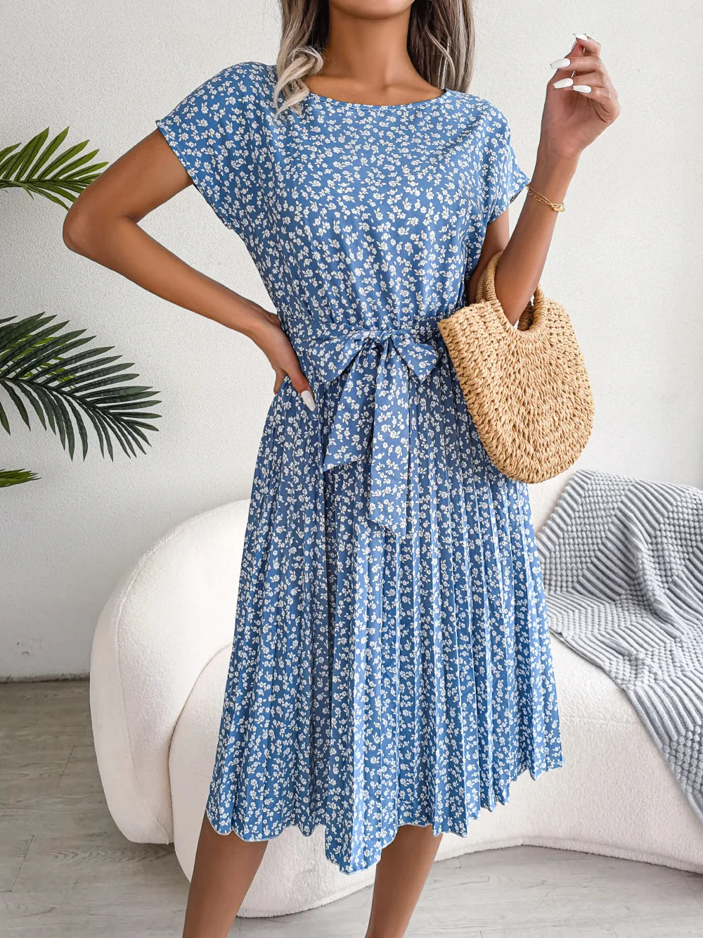 Women Dresses™ Spring Summer Short Sleeve High Waist Floral Pleated A Line Long Dress