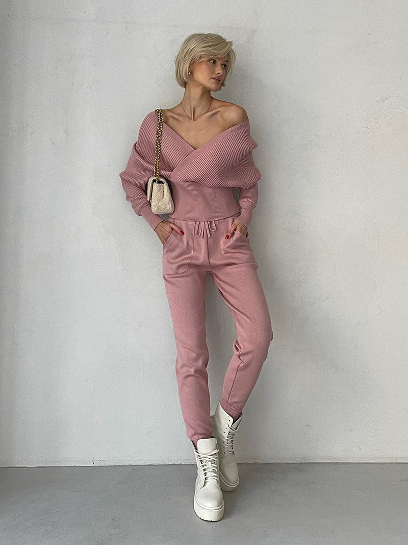 Women's Knitted Tracksuit™ Off Shoulder Knitted Long Sleeve Sweater  and Pants Suits