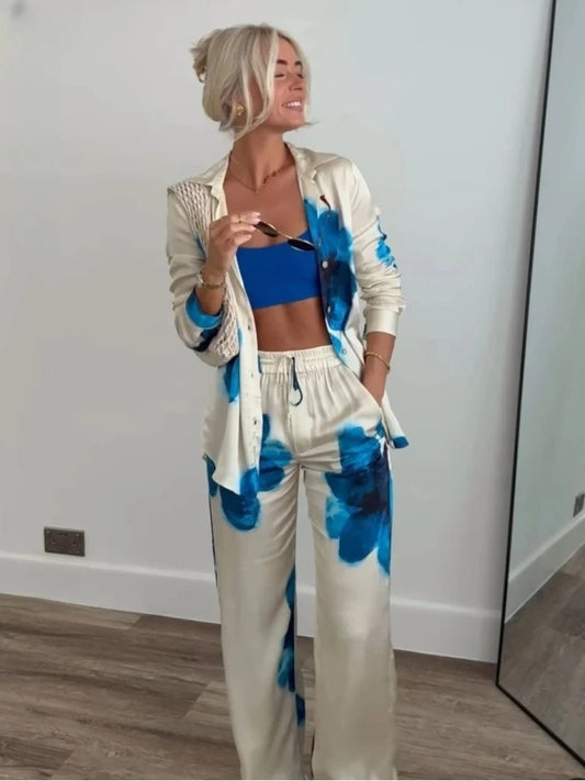 Women's TRAFZA Vintage Satin Suit™ Loose Lapel Shirt + High Waisted Pants Set