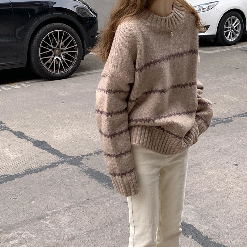 Women's Casual Pullovers™ Knitted Korean Loose Striped O-neck Long Sleeve Sweater