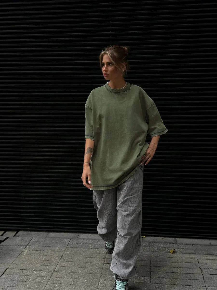 Women's Cotton Washed T-shirt™ O-Neck Oversized Solid Short Sleeve Tops