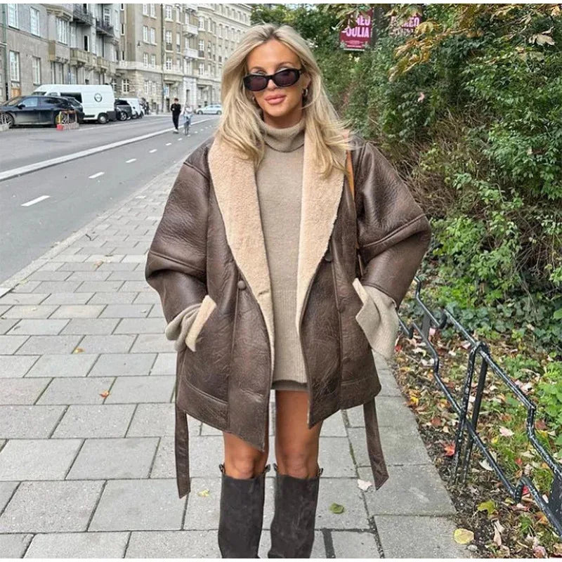 Women's Sheepskin Neck Spliced Faux Leather Coat™ With Belt Fashion Loose Lapel Pocket Overcoat Winter Warm Thicken Streetwear