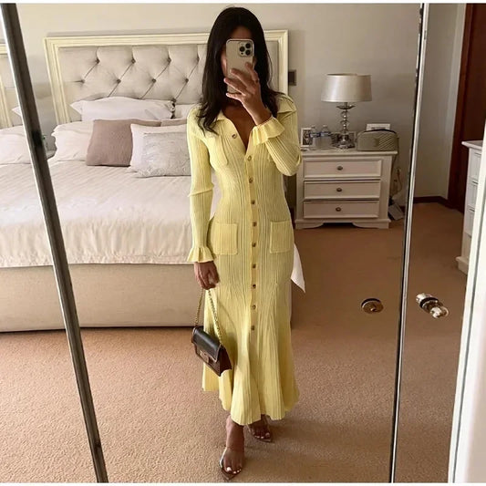 Women's  Knitted Dress™ Long Sleeve Ruffles Single Breasted Long Dresses