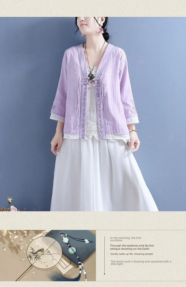 Women's V-neck Cotton Cable Knit T-shirt™ Double Button Seven Half Sleeve Vintage Cardigan