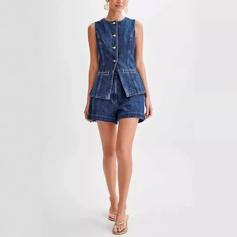 Women's Sleeveless High Waist Summer Suit™ Denim Shorts Sleeveless Vest Set