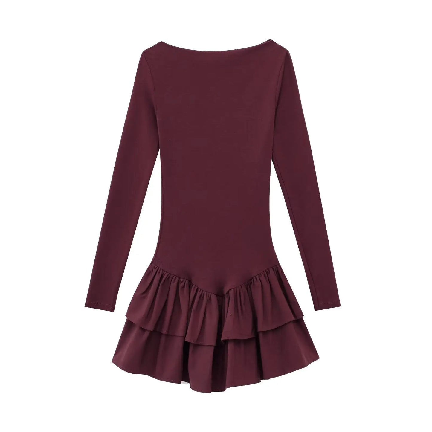Women Dress™ TRAFZA Long Sleeve Dress Layered Hem Stretch Slim Brown Short Dress