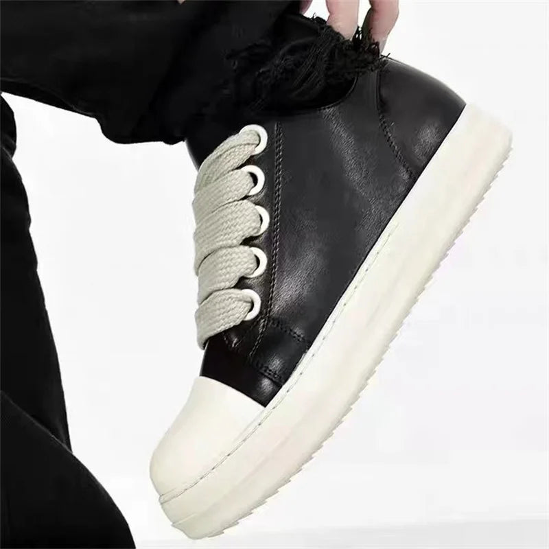 Women's Platform Sneakers™ Black Leather Zipper Lace Up Casual Shoes