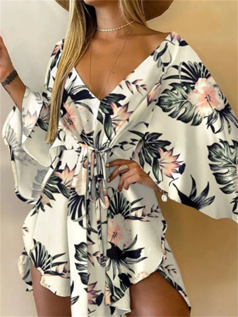 Women's Print V-Neck Bat Sleeve Ruffe Dress™ Flowers Print Bohemian Beach Mini Dresses