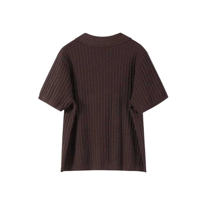 Women's Knitted Pants & Tops Set™ Turn Down Collar Half Sleeve Tops & Elastic Waist Straight Trousers Outfits