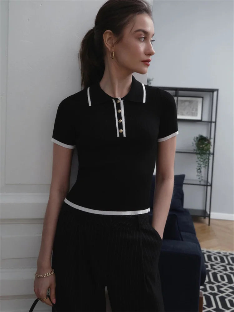 Women's Summer Knit Tops™ Short Sleeve Patchwork Slim Lapel Ribbed Tees