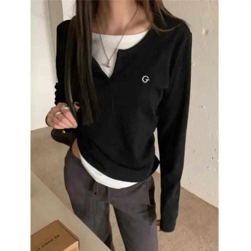 Women's T-Shirt™ Long Sleeves Korean Fashion Style O-neck Fake two items T-shirt