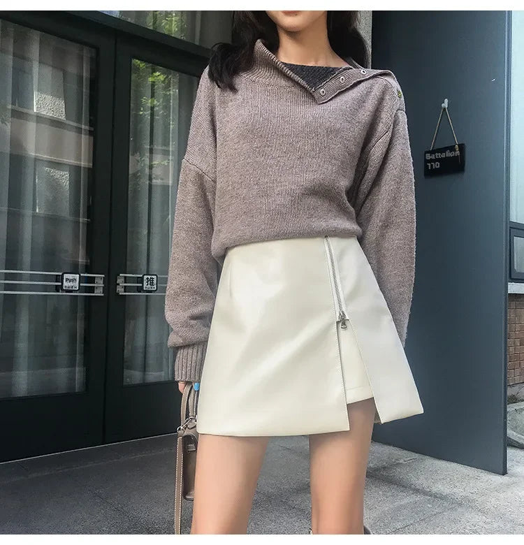 Women's Mini Dress™ Fashionable Zippered Pu Leather Slimming High-waisted A- line Skirt