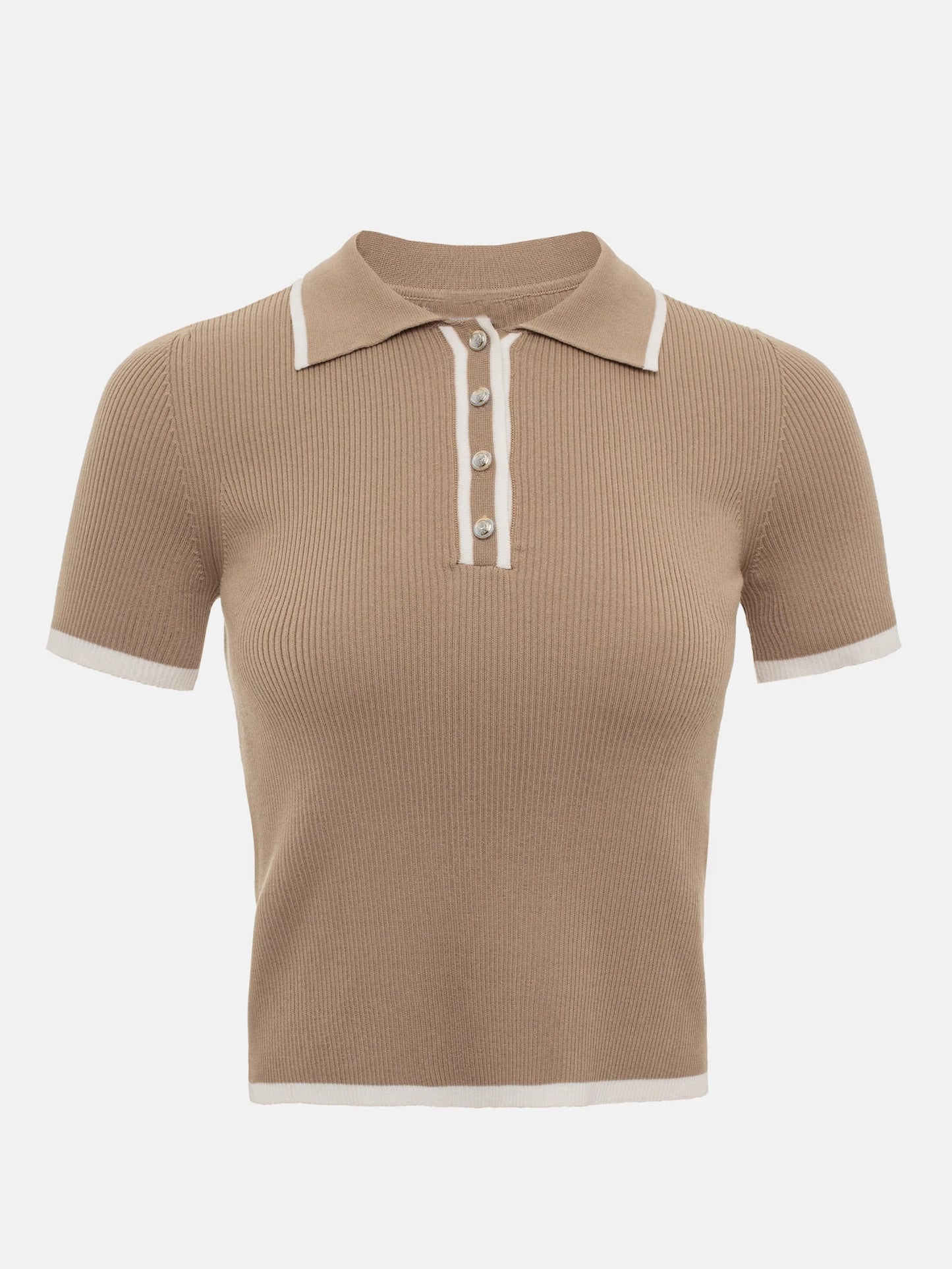 Women's Summer Knit Tops™ Short Sleeve Patchwork Slim Lapel Ribbed Tees