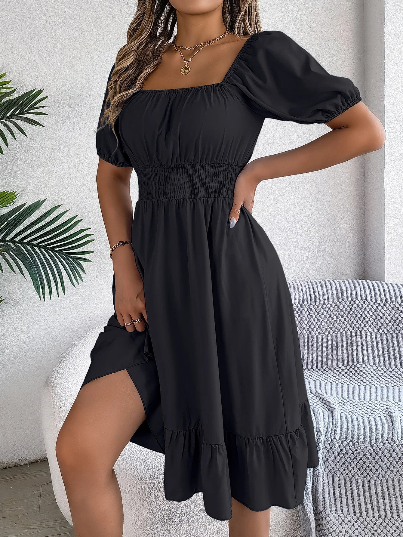 Women's Solid Puff Sleeve Square Neck Dress™ Ruched Bust Ruffle Hem Waist Dress,