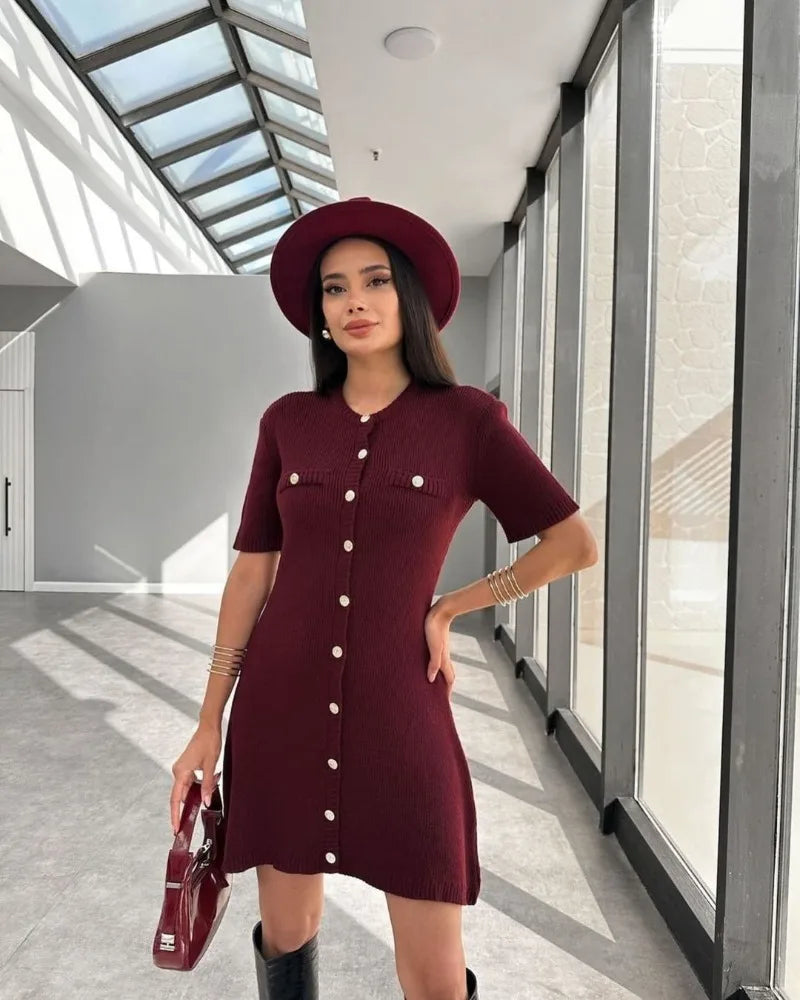 Women's Knit Dress™ Trendix Elegant Slim High Waist Short Sleeve Rib Sweater Bodycon Knitwear Dress