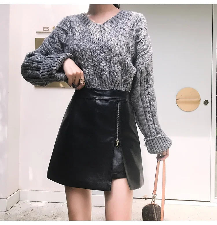 Women's Mini Dress™ Fashionable Zippered Pu Leather Slimming High-waisted A- line Skirt