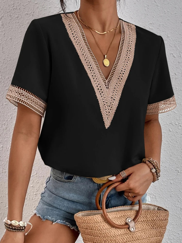 Women's Short Sleeve T-Shirt™ Summer Slim Fit Pullover Basic Tees V Neck Lace Tops Y2k Clothes