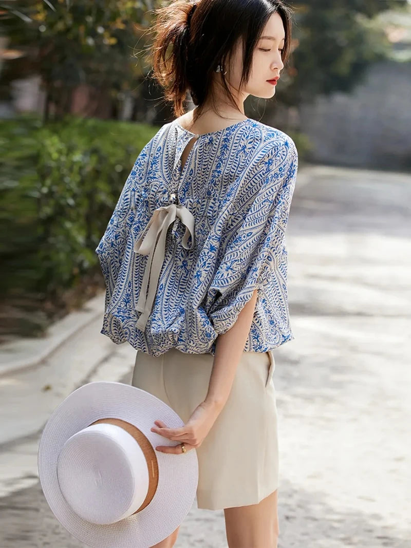 Women's Vintage Bow Bandage Print Shirts™ Korean Batwing Sleeve  Tops
