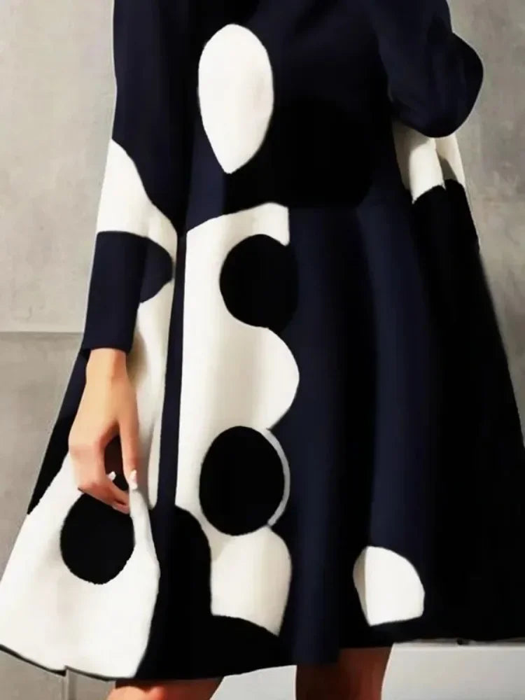 Women's Black White Polka Dot Dress™ Lemongor Fashion Long Sleeves High-neck A-Line Party Dress