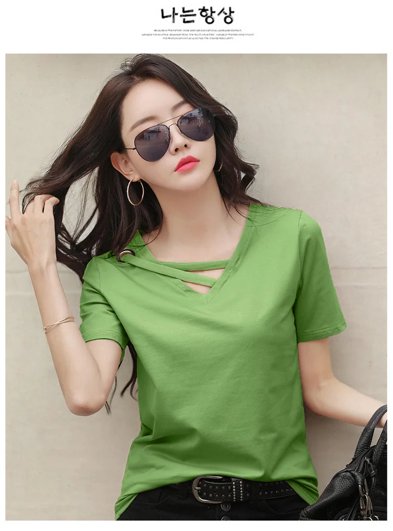Women Short Sleeve Heart-neck T-shirt™ Half-sleeve Loose Tops