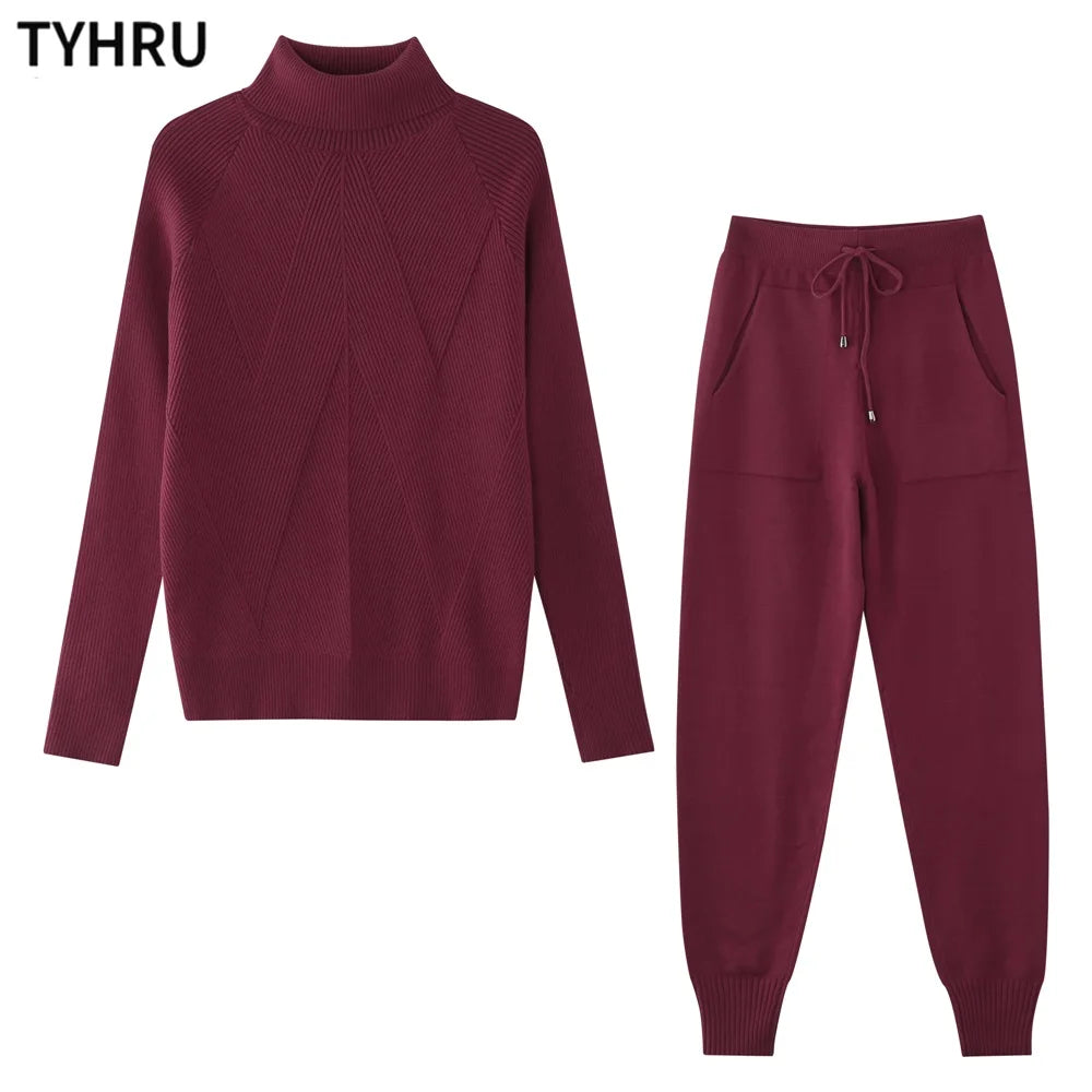 Women's tracksuit™ TYHRU Autumn Winter Knitted Striped Turtleneck Sweater and Elastic Trousers Set