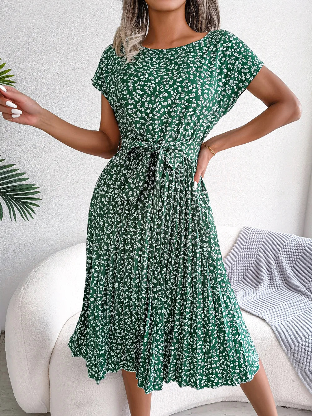 Women Dresses™ Spring Summer Short Sleeve High Waist Floral Pleated A Line Long Dress
