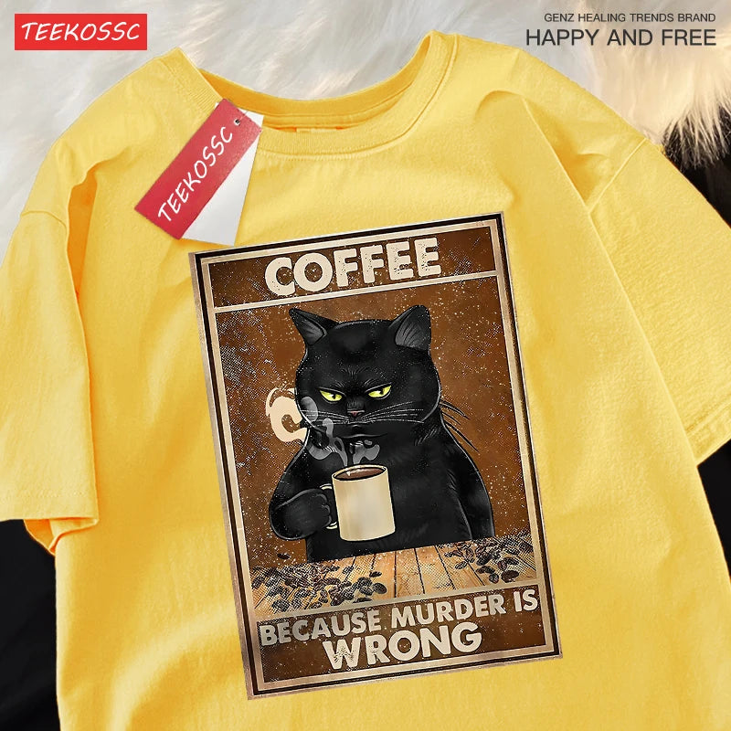 Men & Women Oversized T Shirts™ Black Cat Drink Coffee Cotton Streetwear T-Shirt